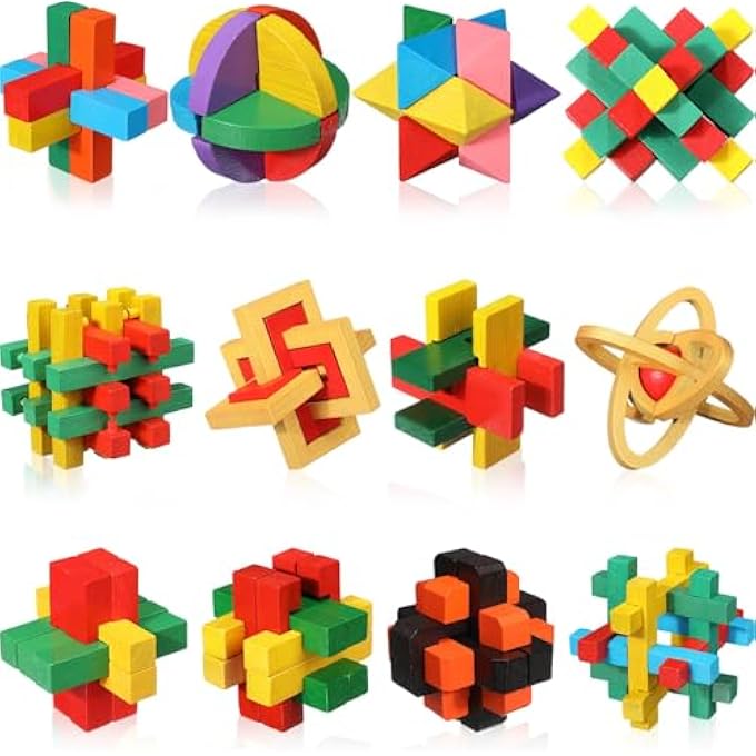 BRAIN TEASER PUZZLES 3D WOODEN PUZZLE TOY GAMES LOGIC MIND SMART PUZZLE BOX LOCK TOY, BRAIN TEASER INTELLECTUAL REMOVING ASSEMBLING PUZZLE GIFT SET FOR ADULTS TEENAGERS 12 PCS - Image 1